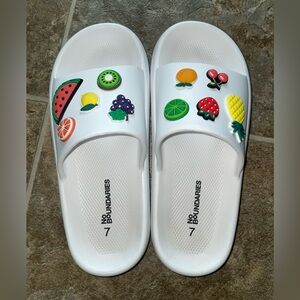 No Boundaries White Slide Sandals with Colorful Fruit Design